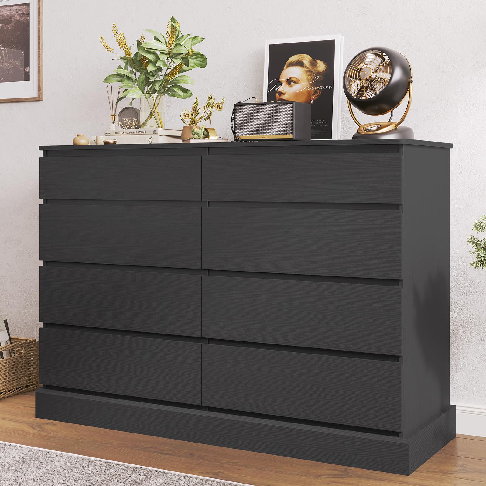 Hasuit Black Dresser for Bedroom, Long Dresser with 8 Drawers, 51.5''W Wooden Dresser Chest of 8 Drawers, Large Capacity Clothing Storage Cabinet, Wide Dresser for Bedroom Living Room Entrywa - WoodArtSupply