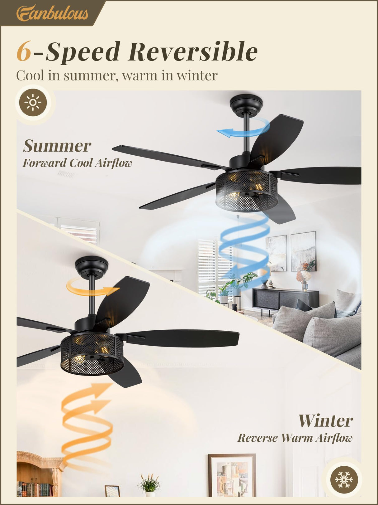 52 Inch Farmhouse Ceiling Fan with Light and Remote, Black Industrial Caged Ceiling Fans Flush Mount, 5 Dual Finish Blades, 6-Speed Reversible Quiet DC Motor, Rustic Design for Bedroom, Living Room Fanbulous