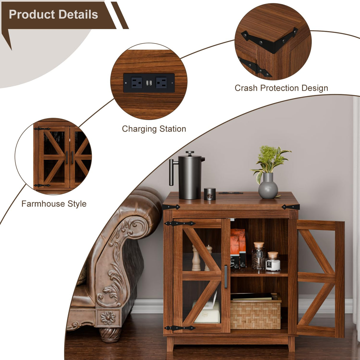 VITESSE Farmhouse End Table, 24" Large Wood Square Nightstand with Doors, Sofa Side Table with Charging Station Modern Nightstand Storage Cabinet for Living Room, Bedroom, Entryway (Brown) VITESSE