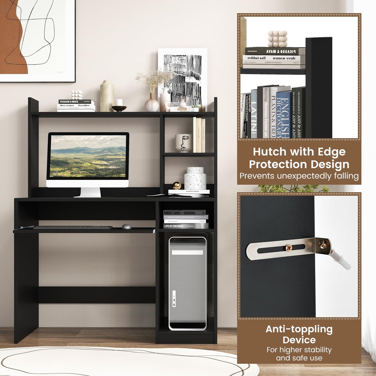 Tangkula Modern Computer Desk with Hutch, Charging Station & Storage Solutions for Home Office - WoodArtSupply