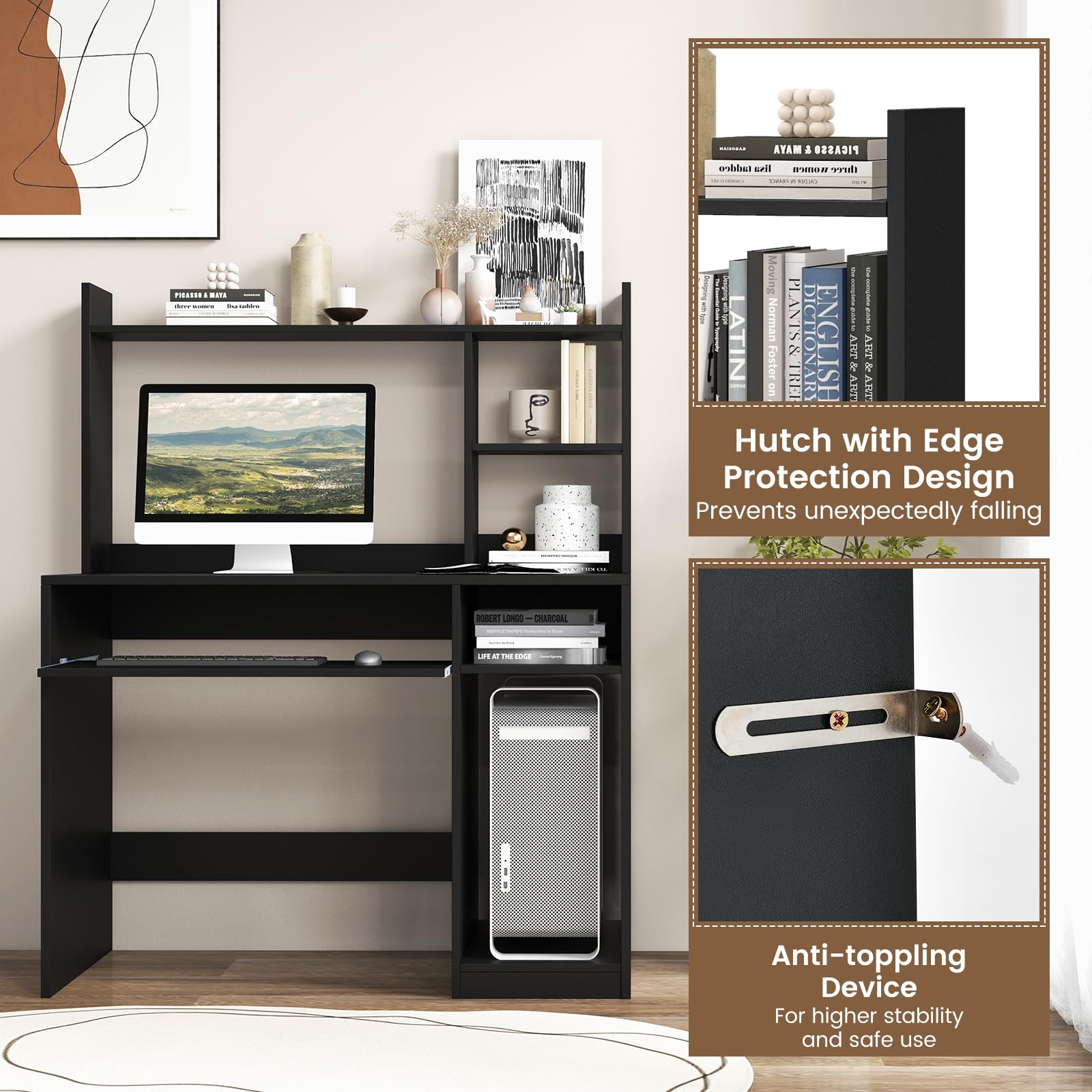 Tangkula Modern Computer Desk with Hutch, Charging Station & Storage Solutions for Home Office - WoodArtSupply