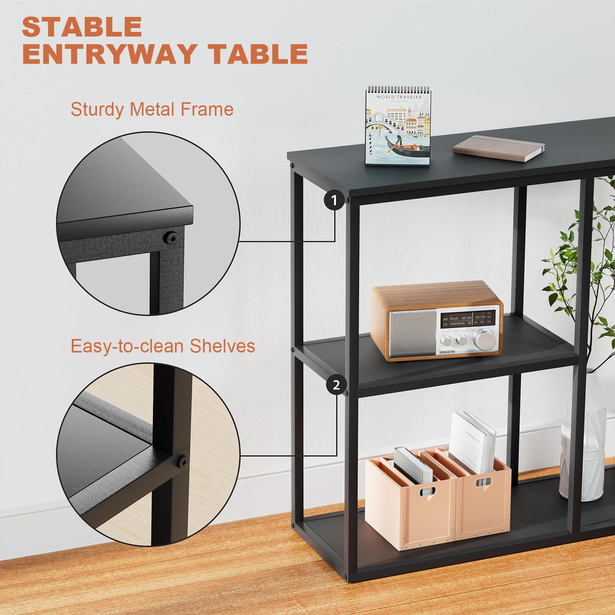 WOHOMO Console Table, 12'' Narrow Entryway Table for Living Room, 31.5'' x 31.5'' Black Industrial Sofa Table with 3-Tier Storage Shelves for Corridor, Hallway, Black WOHOMO