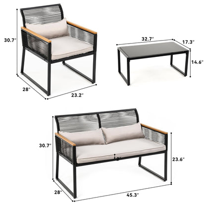 YITAHOME 4-Piece Outdoor Wicker Patio Conversation Furniture Set, All-Weather Wicker Bistro Rattan Loveseat Set with Wooden Armrests, Metal Side Table and Cushions for Backyard, Balcony, Deck - WoodArtSupply