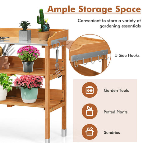 LUARANE Wooden Garden Potting Bench Work Station, 3-Tier Storage Shelf, Metal Tabletop Bonsai Table with 5 Hooks on The Side LDAILY