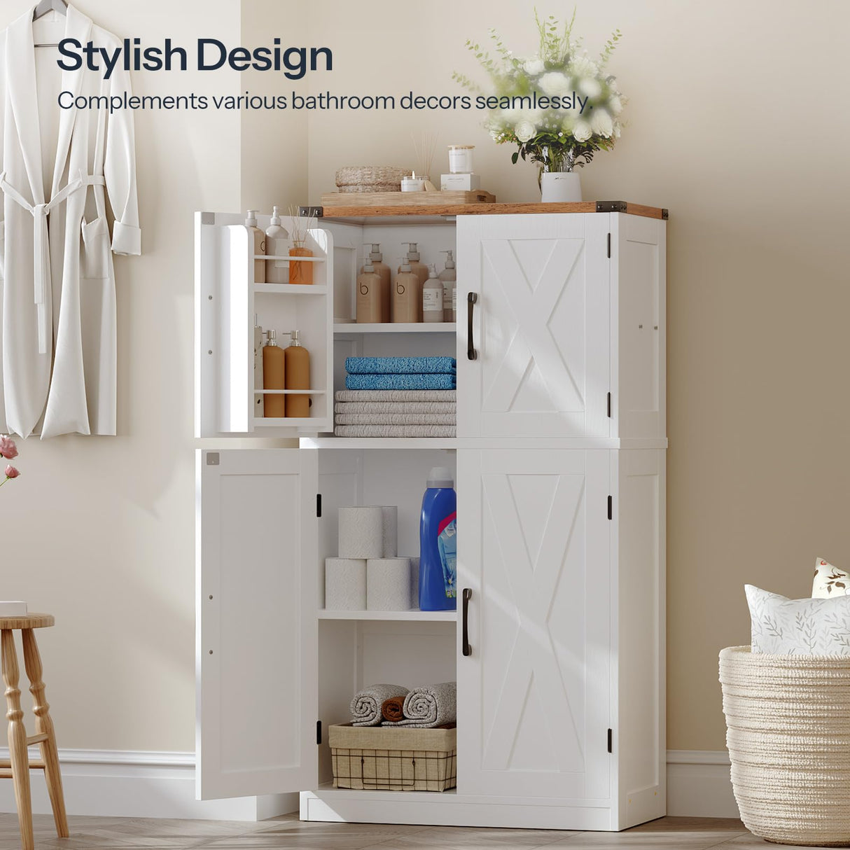 HOOBRO Bathroom Storage Cabinet, Farmhouse Freestanding Floor Cabinet with 2 Extra Hidden Storage Doors, Adjustable Shelves, Large Capacity, Easy Assembly, 11.8 x 23.6 x 43.5 Inches, White and Walnut HOOBRO