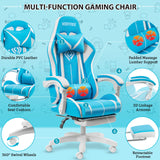 Gaming Chair with LED RGB Lights with Massage and Footrest Ergonomic Computer Chair High Back Video Game Chair with Adjustable Lumbar Support Linkage Armrest White and Blue HOFFREE