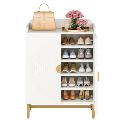 Tribesigns 6-Tier Shoe Cabinet with Doors, Shoe Storage Cabinet with Adjustable Shelves (White & Gold) - WoodArtSupply