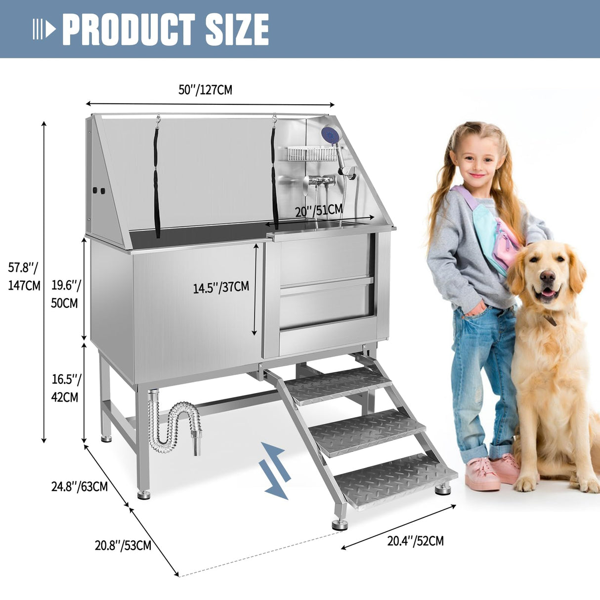 50 Inch Electric Dog Bathing Station For Large Dogs, Height Adjustable Stainless Steel Dog Pet Washing Station, Professional Dog Grooming Tub With Electric Lift, Pet Wash Bath Station (50" Right door) RIGMEC