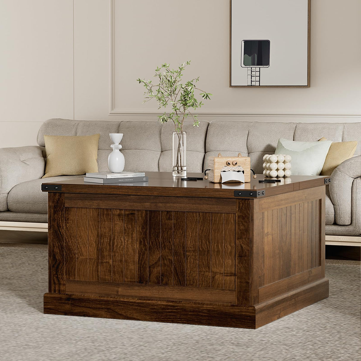 AntsandAnts Farmhouse Coffee Table with Storage, Square Wood Coffee Tables for Living Room, Large Center Table with Flip-Top Lid, 31.5 Inch (Rustic Brown) AntsandAnts