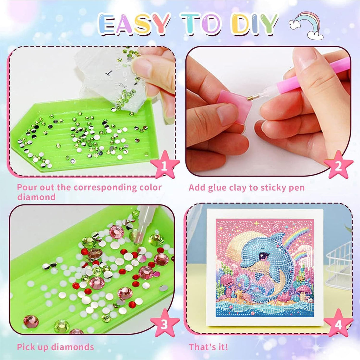 cviokrdu Dolphins Diamond Art Kits for Kids with Frame - Sea Animal Diamond Art for Kids Ages 4 8 12, Animals Gem Painting Kit for Gift Home Wall Decoration(7x7inch) cviokrdu