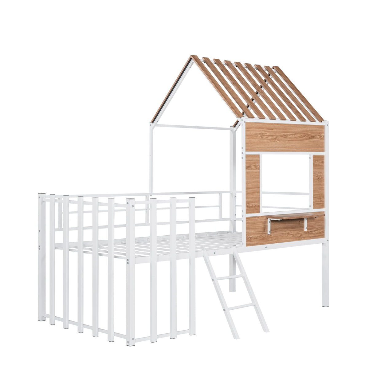 Harper & Bright Designs Kids House Beds Low Loft Bed Frame with Roof, Window, Guardrail and Ladder, Metal Twin Size Loft Bed for Kids Teens Girls Boys (Twin, White) Harper & Bright Designs
