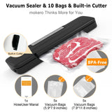 mokero Vacuum Sealer for Food Compact Meal Meat Vacuum Sealer Machine with 10 Seal Bags and Cutter Automatic Vacuum Air Sealing System for Dry Moist Freezer Food Storage mokero