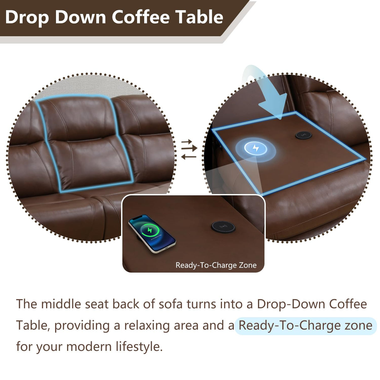 Anthato Power Recliner Living Room Set, Leather Reclining Sofa Set with Coffee Table, Living Room Furniture Sets, Brown Recliner Couch with Cup Holders/Charging Port for Home Theater/Office, Brown Anthato