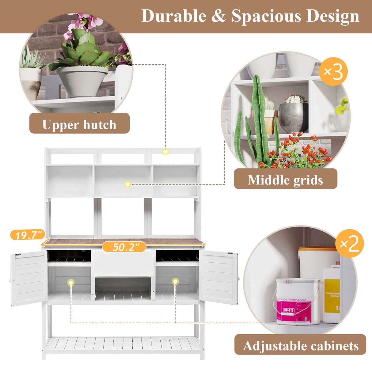 ENICFENA Outdoor Potting Bench, 100% Fir Wood Garden Work Table with Hutch, Drawer & Adjustable Shelves, Rustic Planting Station for Backyard, 50.2"x19.7"x66.1" (White, 66.1''H) ENICFENA