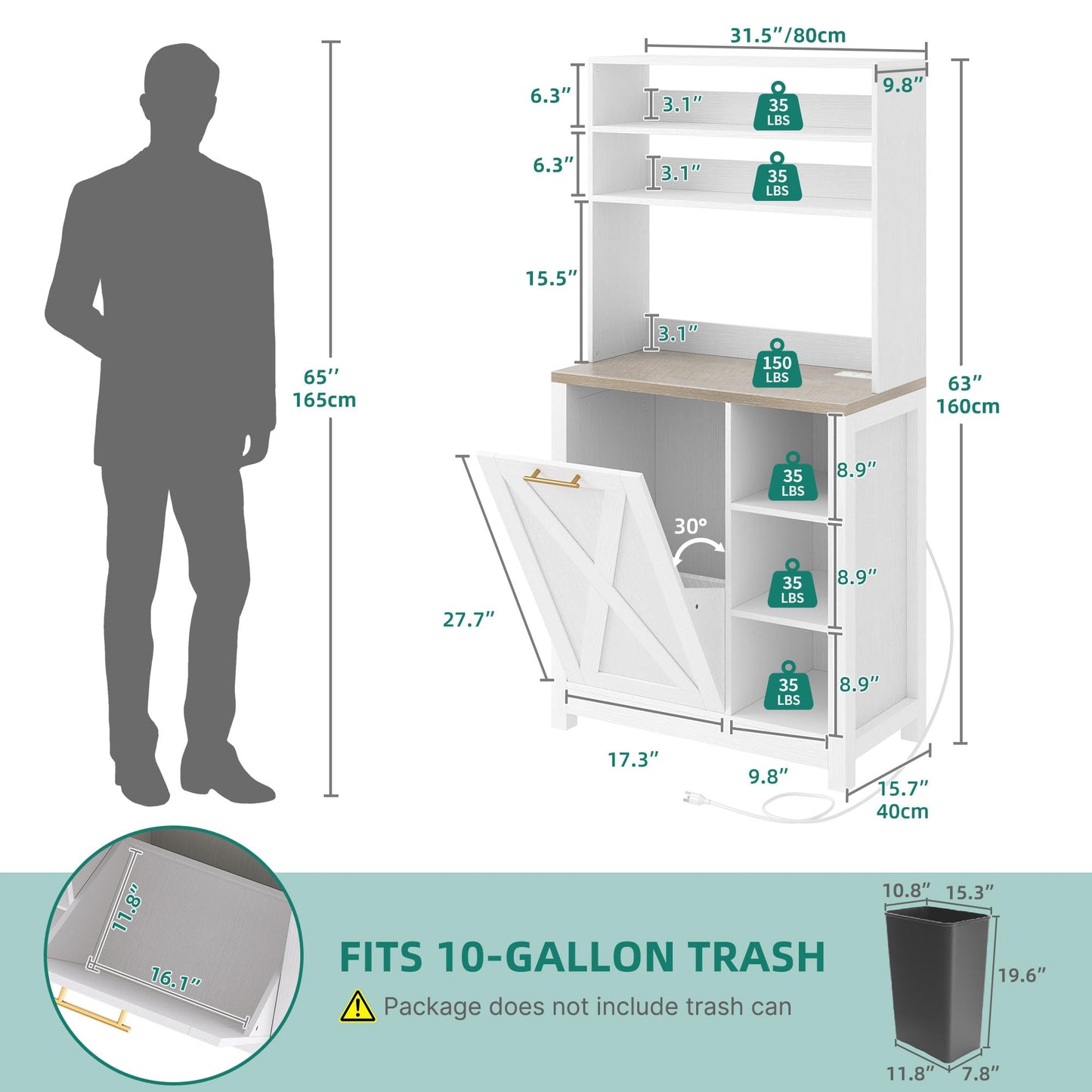 YITAHOME Bakers Rack Microwave Stand with Trash Can Storage Bin Cabinet and Power Outlet, 6-Tiers Farmhouse Kitchen Tall Thickened Coffee Bar Station with Adjustable Shelf White