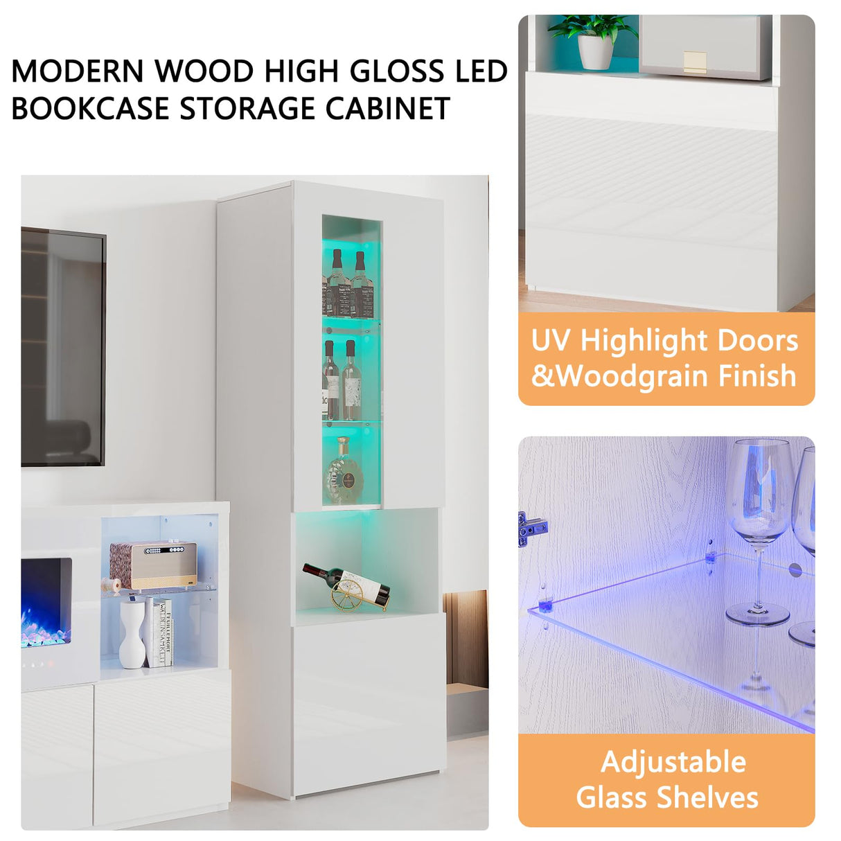 AMERLIFE Modern 3-Piece High Gloss Fireplace TV Stand & Bookcase Set in White AMERLIFE