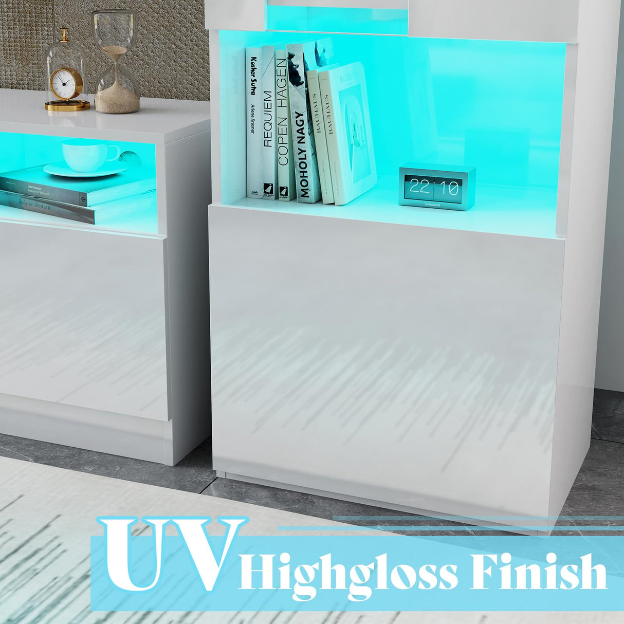 AMERLIFE Modern Highgloss Fireplace Entertainment Center Set, Includes 80" Fireplace TV Stand & 2 LED Highlight Bookcases, Fireplace Storage Cabinets for TVs up to 90", White AMERLIFE