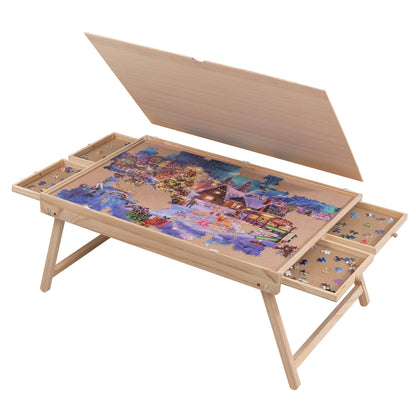 LAVIEVERT Jigsaw Puzzle Table with 4 Drawers & Cover, Wooden Puzzle Board for Adults & Kids, Portable Puzzle Plateau with Folding Legs & Non-Slip Tabletop for Games Up to 1000 Pieces