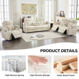 Power Recliner Sofa Set of 3 Pieces with Adjustable Headrest, Wireless Charger for Living Room, Electric Reclining Couch, Faux Leather 3 Seaters and Loveseat and Theater Chair with LED Lights, Beige Comfort Stretch