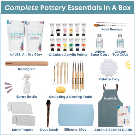 Pottery Kit for Beginners, 4.4Lbs Air Dry Clay for Adults with Sculpting Tools, Paint, Glaze, Air-Dry Modeling Clay Molding, Sculpt & Painting Set, Hobby Date Night DIY Art Craft Kits (White) BeadHub