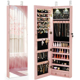 Giantex Wall Door Mounted Jewelry Armoire Cabinet with 47.5" H Full Length Mirror, 2 LEDs Lockable Jewelry Organizer Box with Bracelet Rod, 2 Drawers, Large Storage Capacity (Light Pink) Giantex