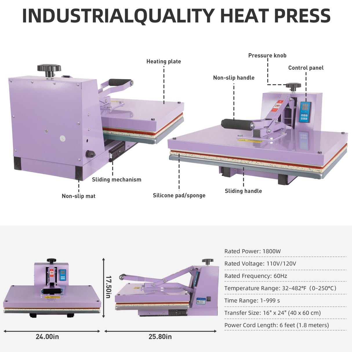 TLSols Heat Press 16x24 in, Manual Heat Press Machine for T Shirts, Swing Away T Shirt Pressing Machine for Garments Bag Textile Curtain Mousepad, with Slide-Out Base, Purple TLSols