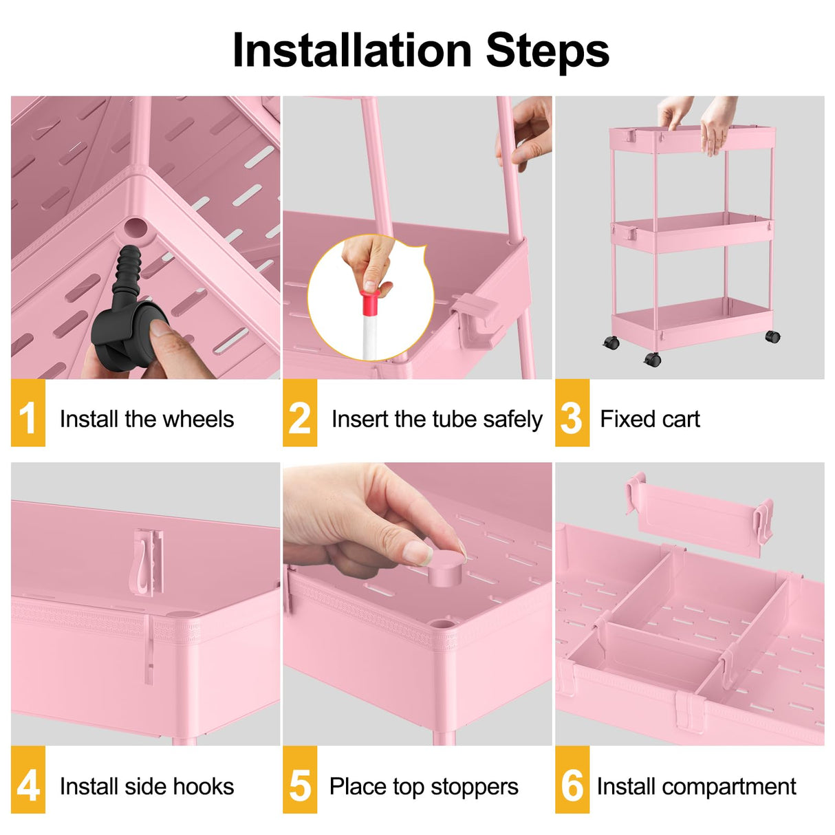 SPACELEAD 3 Tier Rolling Cart with Wheels, Storage Craft Art Trolley Organizer Serving, 3 Hanging Baskets Easy Assembly, for Office, Living Room, Kitchen, Pink SPACELEAD