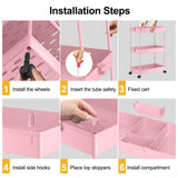 SPACELEAD 3 Tier Rolling Cart with Wheels, Storage Craft Art Trolley Organizer Serving, 3 Hanging Baskets Easy Assembly, for Office, Living Room, Kitchen, Pink SPACELEAD