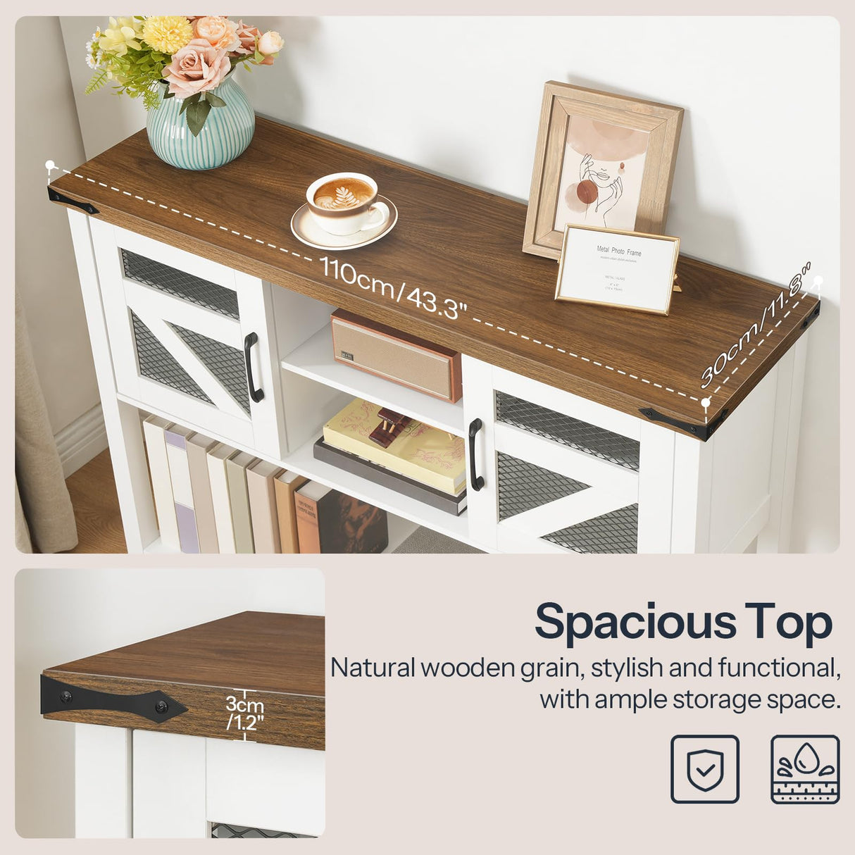 HOOBRO Farmhouse Entryway Table with Storage, 43.3" Small Console Tables for Entryway, Rustic Hallway Table, with Open Shelf and 2 Cabinets, Hall Tables for Entryway Narrow, White and Walnut WH110XG01 HOOBRO