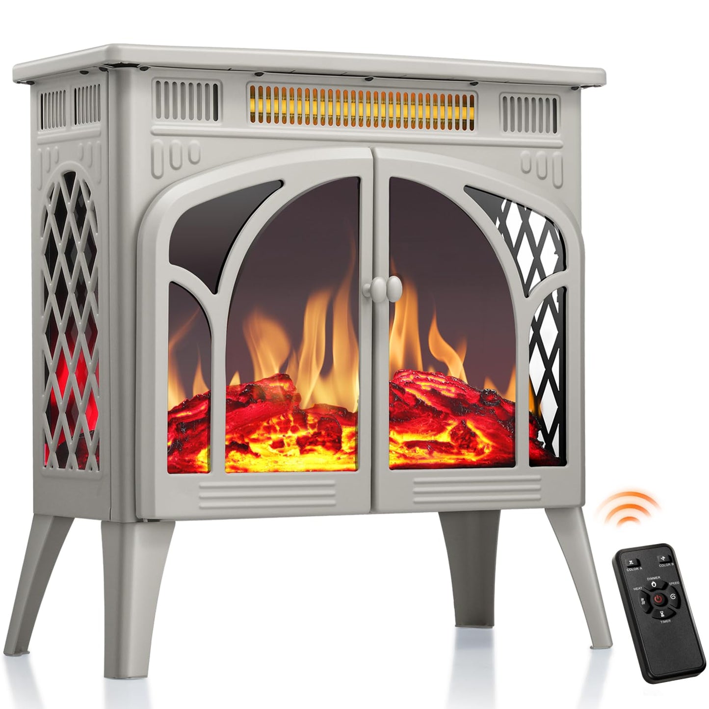 R.W.FLAME Electric Fireplace Heater 25" with Remote, Cathedral Stylish, Different Flame Effects and Log Set Colors, Adjustable Brightness and Heating Mode, Overheating Safe Design, Beige