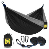 SZHLUX Camping Hammock Double & Single Portable Hammocks with 2 Tree Straps and Attached Carry Bag,Great for Outdoor,Indoor,Beach,Camping,Black & Grey, Large SZHLUX