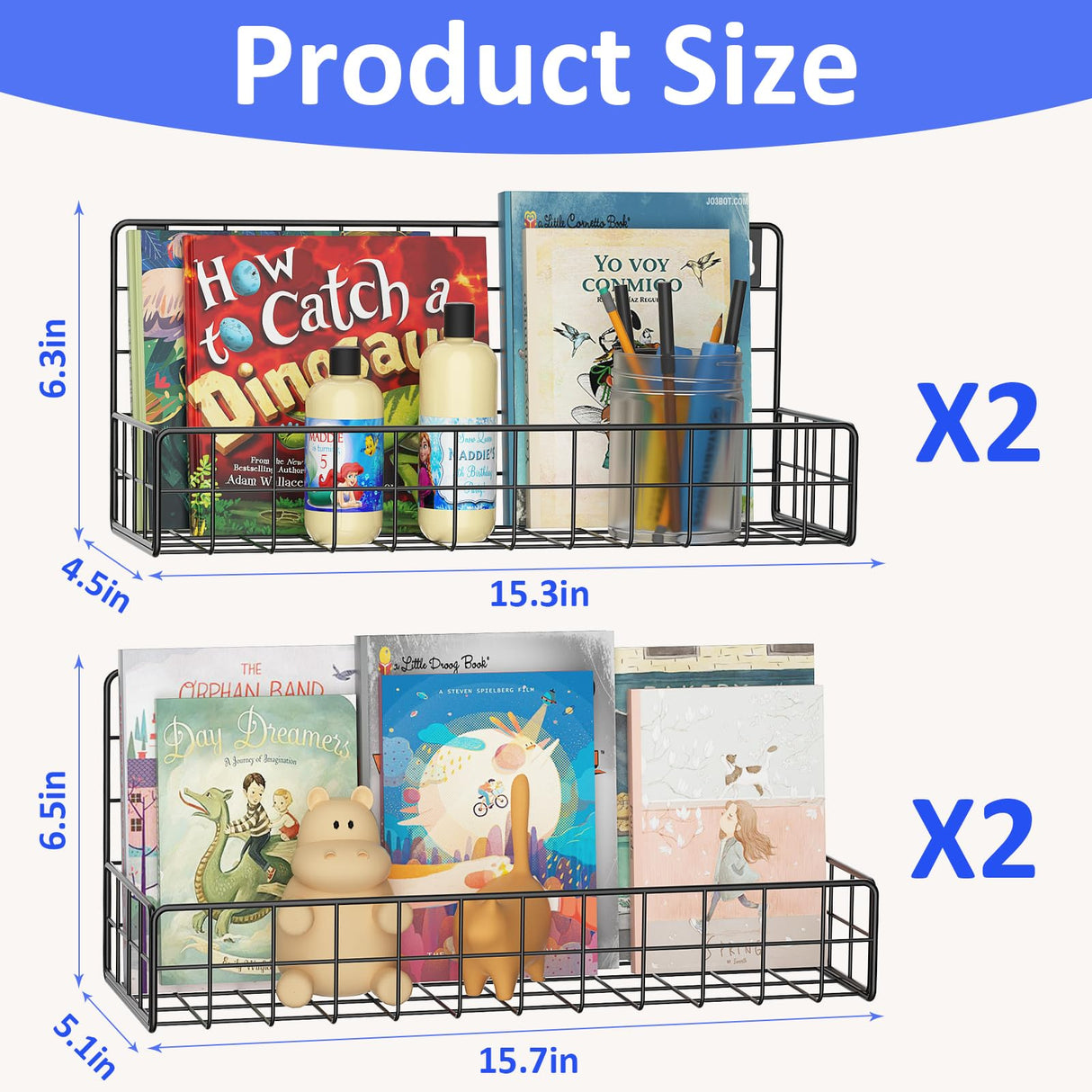 Wall Mounted Metal Kids Bookshelf - Wall Book Shelf for Kids Rooms, Hanging Book Baskets Organizer for Room Decor, Nursery Classroom Home Floating Bookshelves Set of 4 MFTEK