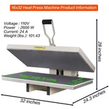 WUMSTOT 16x32 Heat Press Machine: with Digital Control, 110V, 2600W Manual Clamshell Heat Press for T-Shirts, Vinyl, and More WUMSTOT