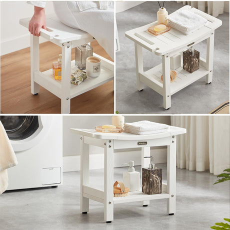 Waterproof Shower Bench, White Poly Shower Stool for Shaving Legs, Shower Chair Seat with Handles & Shower Head Holder, Plastic Bathroom Bench with Adjustable Feet for Inside Shower, Non-Slip KaimuBench