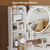 ADOFFUR Vanity Desk with Round Mirror and Lights, Small Makeup Vanity Table Set with Chair & 5 Drawers & Storage Shelves, 3 Lighting Modes Adjustable Brightness Dressing Table for Bedroom, White ADOFFUR