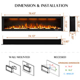 Dreamflame Electric Fireplace 74 inch, Recessed Wall Mounted Fireplace Heater, Logs & Crystal, Multicolor Flame Combinations, Overheating Protection, Black (74") Dreamflame