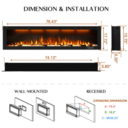 Dreamflame Electric Fireplace 74 inch, Recessed Wall Mounted Fireplace Heater, Logs & Crystal, Multicolor Flame Combinations, Overheating Protection, Black (74")