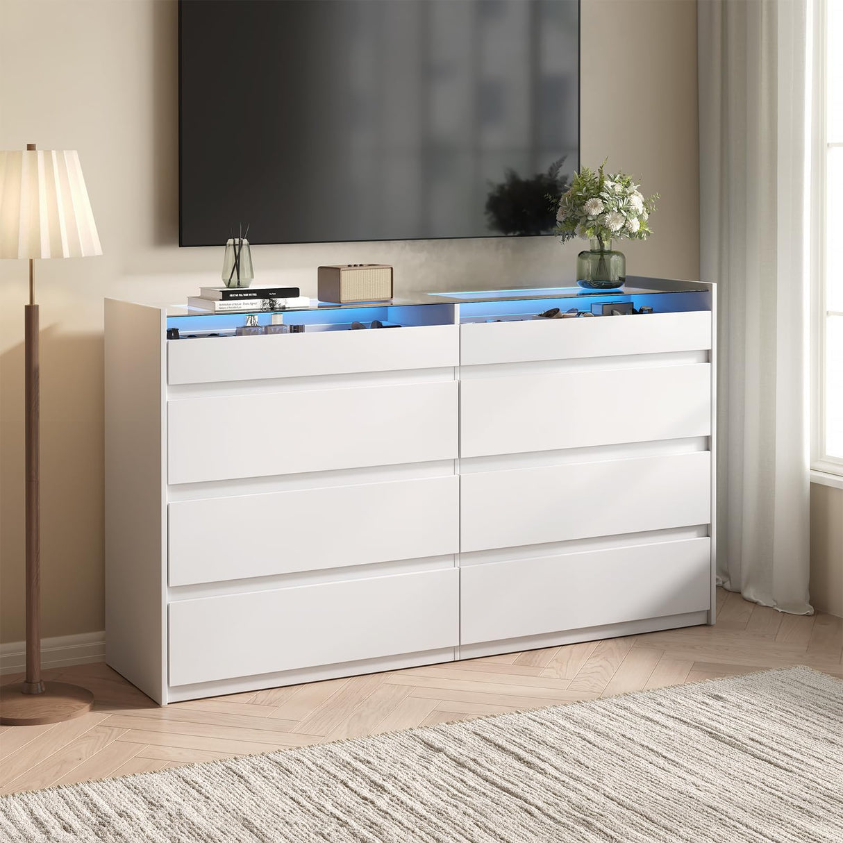 ZORPLIX White Dresser for Bedroom, 8 Drawer Dresser with Glass Top and LED Light, Modern Chest of Drawers, Jewelry Dressers Display, Dressers Organizer for Bedroom, Closet, Living Room ZORPLIX