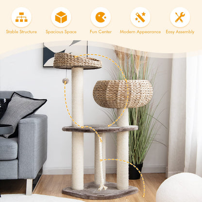 Tangkula Modern Cat Tree for Indoor Cats, Small/Tall Cat Tree with Natural Sisal Scratching Post, Hand-Made Wicker Cat Condo & Top Perch, Funny Hanging Toy Ball, Cute Cat Tree Tower for Large Cats