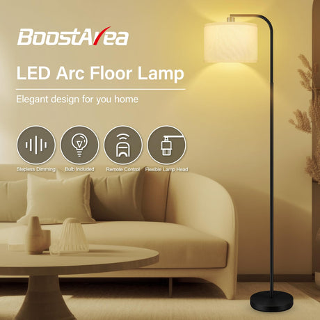 BoostArea Dimmable Floor Lamp for Living Room,Arc Sofa Lamps with Remote Control,Stepless Dimmable & Colors Temperature,2700k-6500k,67 in,Tall Modern Standing Lamp for Bedroom Study Room Office,White BoostArea