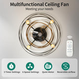 YITAHOME Caged Ceiling Fans with Lights Remote Control, 22'' Bladeless Low Profile Ceiling fan, 6 Speeds Flush Mount Enclosed Ceiling Fans with Reversible Motor, Matte Black Gold (4 E26 Bulb Include) YITAHOME
