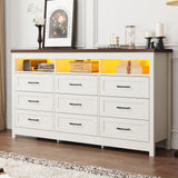 Hlivelood Farmhouse 9 Drawer Dresser with LED Lights, 63" Wide Large Chest of Drawers for Bedroom, Modern Wood Dresser Storage Organizer with Charging Station for Living Room, Bedroom, Rustic White Hlivelood