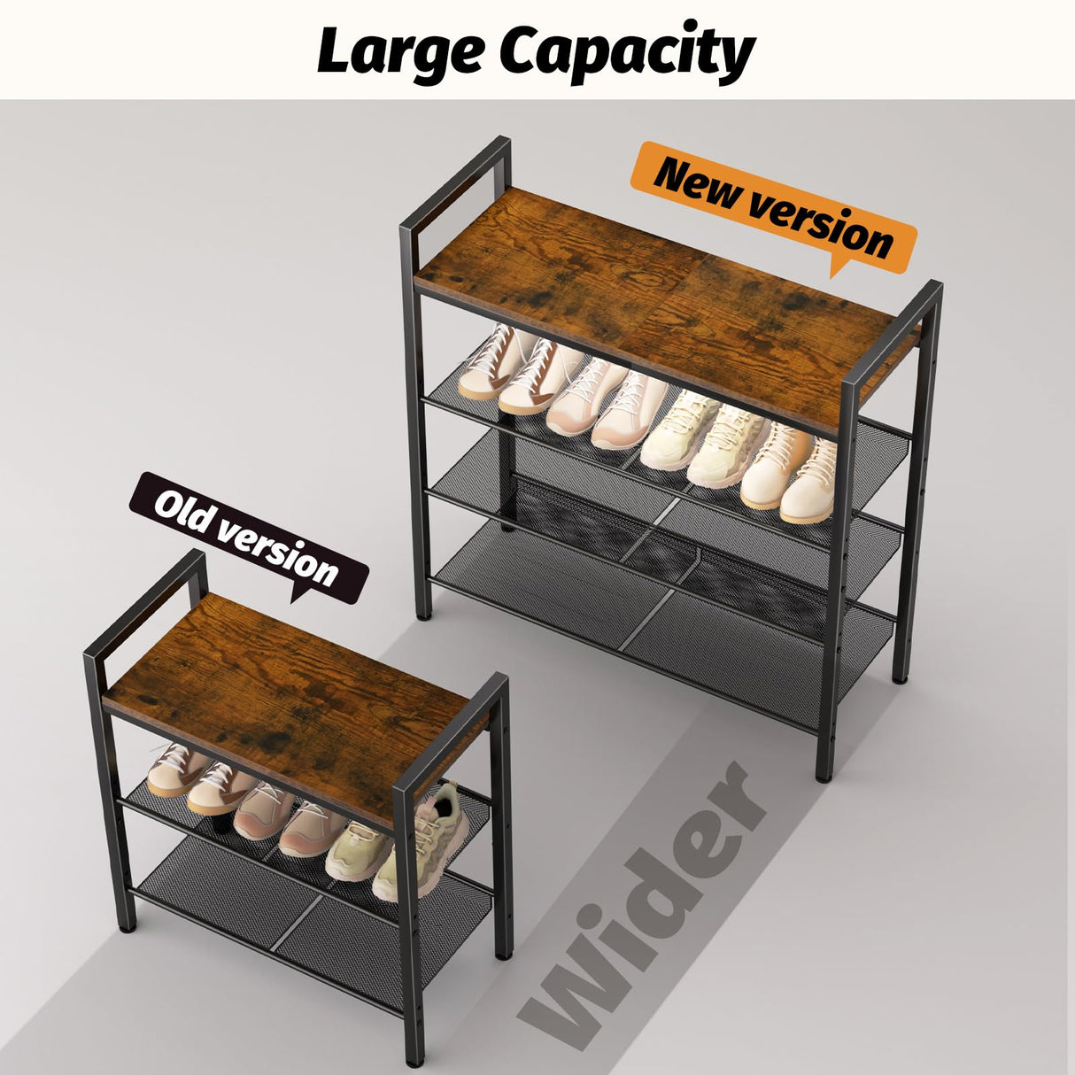 WIN4ALL Shoe Rack for Front Door Entrance, 4 Tier Shoe Rack for Entryway, 12-16 Pairs of Shoes, Metal Shoe Rack Organizer, Free Standing Shoe Rack for Closet (Black+Rustic Brown) WIN4ALL