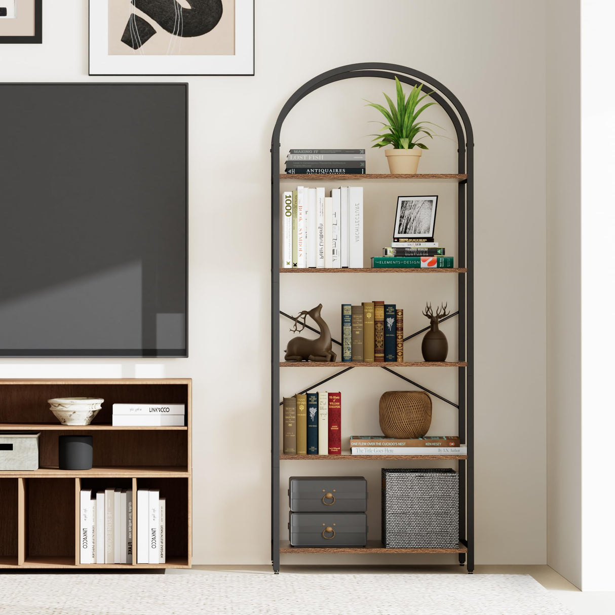 Homhedy 5-Tier Bookshelf Arched Display Racks, Wood and Metal Bookcase, Tall Bookshelf, Industrial Display Standing Shelf Unit, for Home Office, Living Room, Bedroom, Bathroom, Rustic Brown Homhedy
