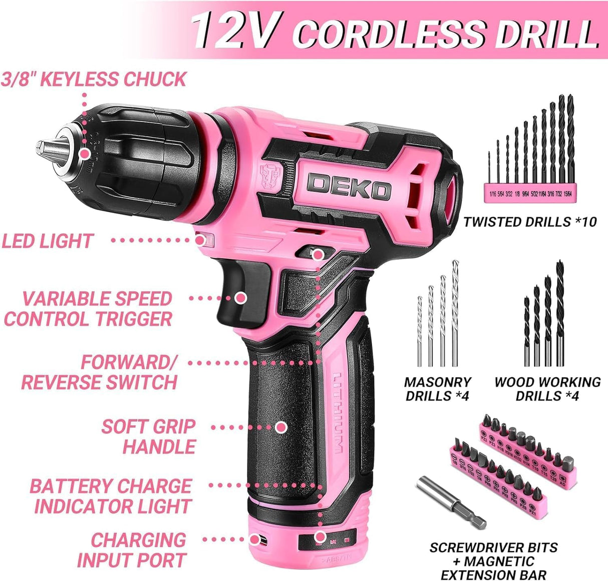 Pink Drill Tool Set Kit: Power Cordless Drill Tool Box with 12V Battery Electric Pink Drill Driver Set for Women Home Hand Repair Tools Sets Drills Case DEKOPRO