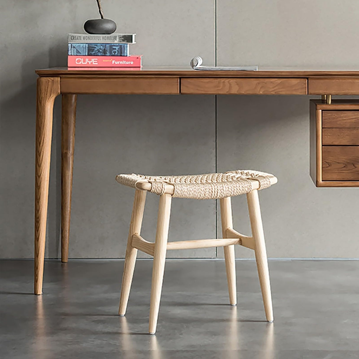 homary Natural Ash Wood Stool Ottoman Hand-Woven Foot Stool, Entryway Bench for Living Room & Bedroom, Comfortable Functional Seating homary