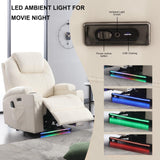 AHMED Power Recliner Chair, Home Theater Seating with LED Ambient Lighting, PU Leather Lazy Sofa Heat Massage Chair with Cup Holders/Side Pockets/USB Ports for Living Room (Beige, Single) AHMED