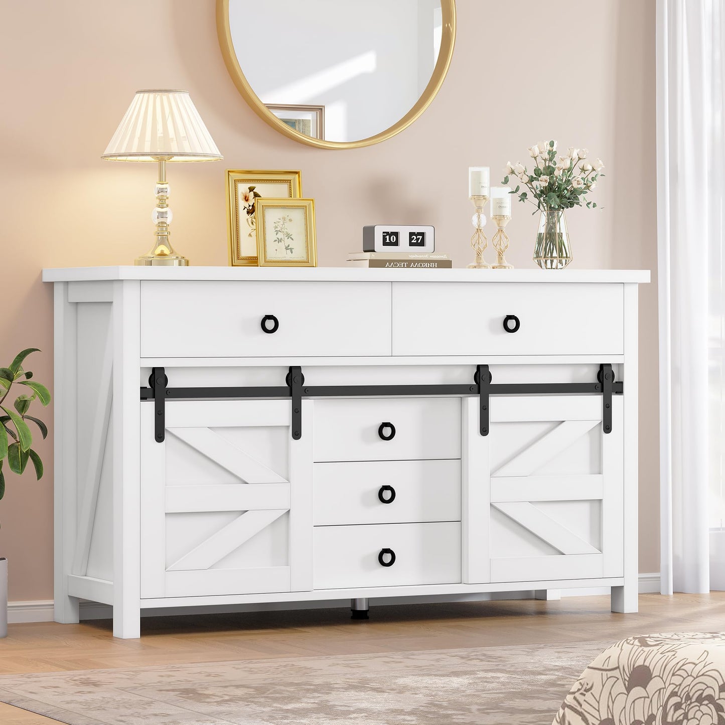 YITAHOME 54" Farmhouse Dresser for Bedroom, Large Modern Chest of Drawers, Wood Rustic Dresser TV Stand with 5 Drawers & 2 Sliding Barn Doors for Living Dining Room, Entryway, Hallway, White - WoodArtSupply