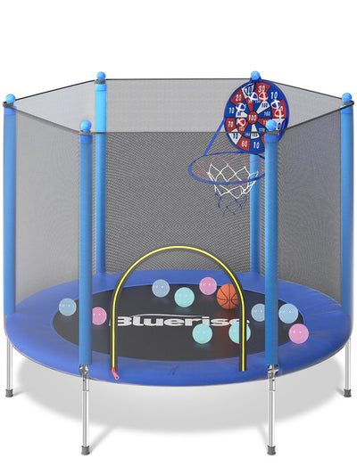 BLUERISE 55IN Toddler Trampoline for Kids Indoor Play for Kids Basketball Hoop Attachment with Enclosure Net Easy to Assemble Recreational Trampoline