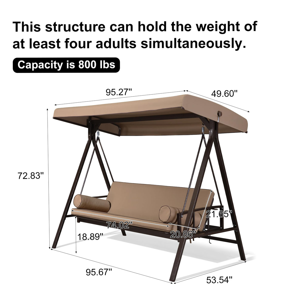 PURPLE LEAF Outdoor Patio Porch Swing Adjustable Backrest, 3-seat Swing Chair with Weather Resistant Steel Frame for Backyard Front Porch Lawn, Cushion and Pillows Included, Beige PURPLE LEAF